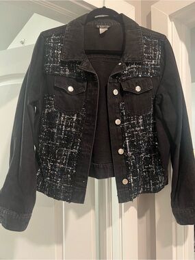 VENUS Black Tweed-Accent Denim Jacket